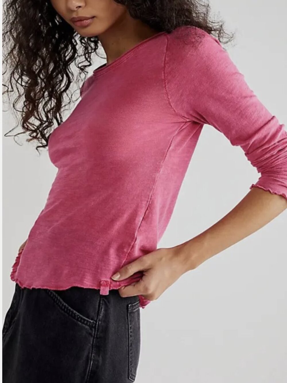 Free People Pink Phenom Long Sleeve Lettuce Hem Be My Baby Cotton Tee - Picture 2 of 3